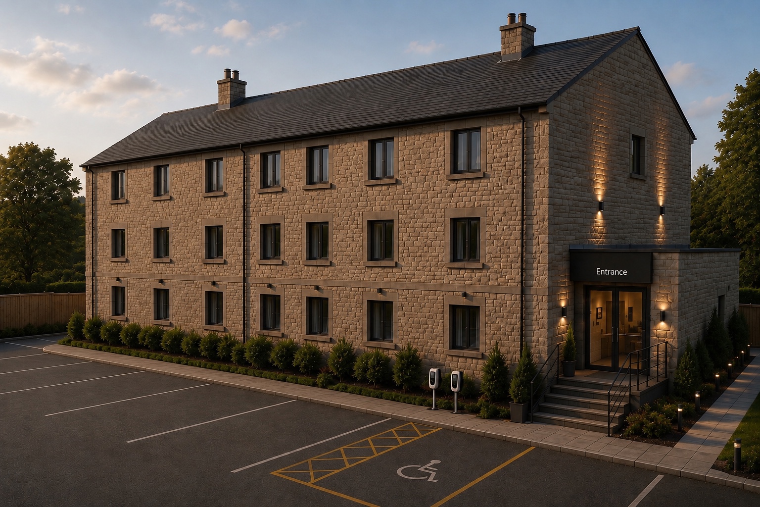After: the completed three-storey stone building with landscaped parking and lit entrance