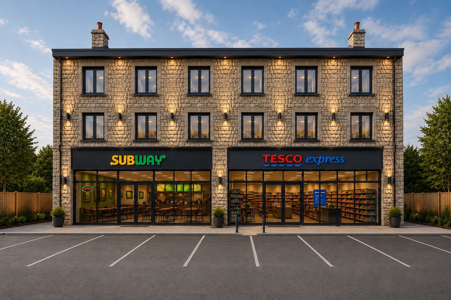 After: the same building restored and let to Subway and Tesco Express