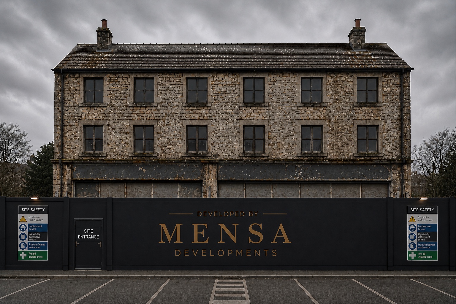 Before: a run-down stone building behind Mensa Developments site hoarding